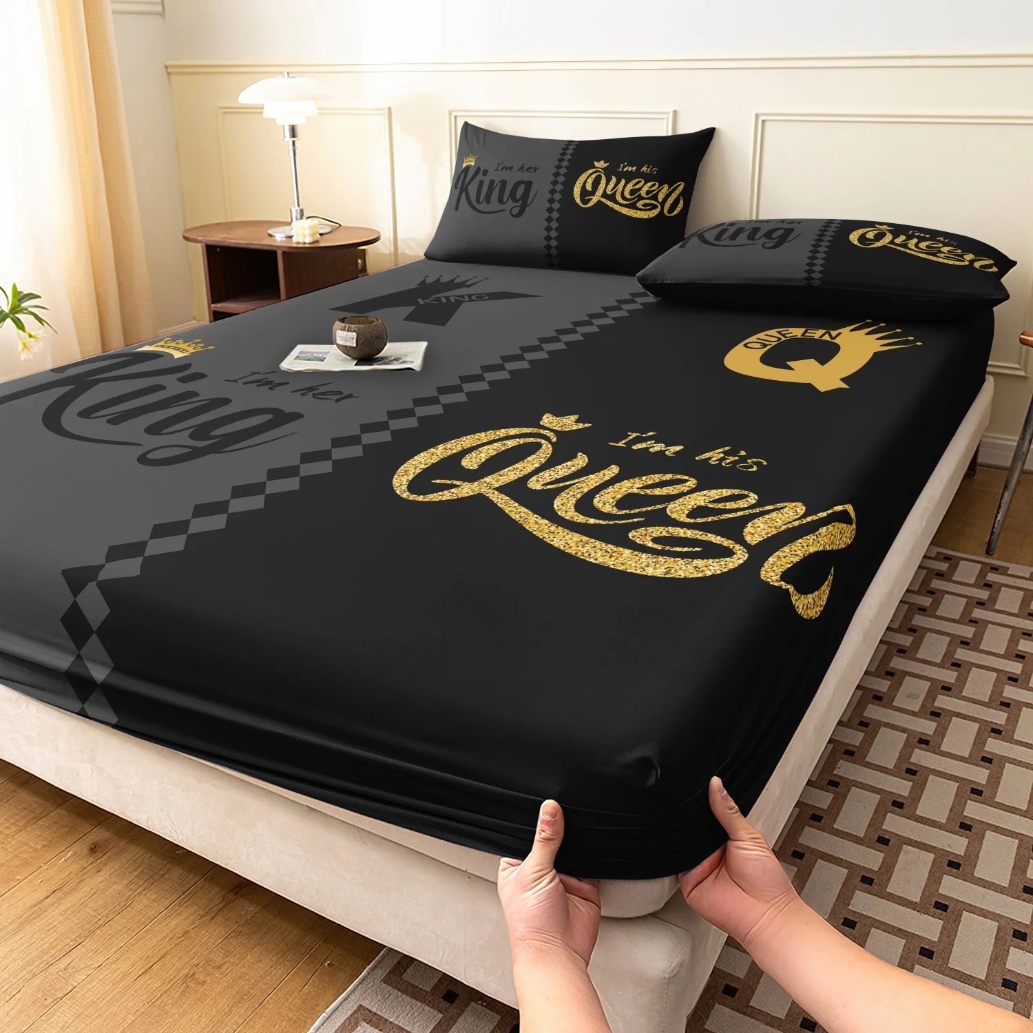  3 Pieces Couple King Queen Crown Print Fitted Sheet Set, Grey Black Split Diamond Check King Queen Letter Print Bedding