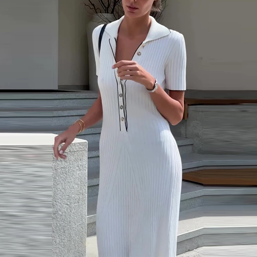 TWOTWINSTYLE Spliced Button Knitted Dresses For Women Lapel Short Sleeve High Waist Hit Color Temperament Maxi Dress Female New