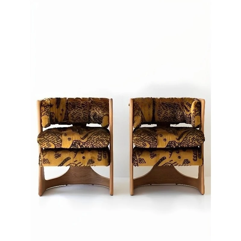 Medieval solid wood tiger pattern single sofa chair household living room retro premium armrest back chair