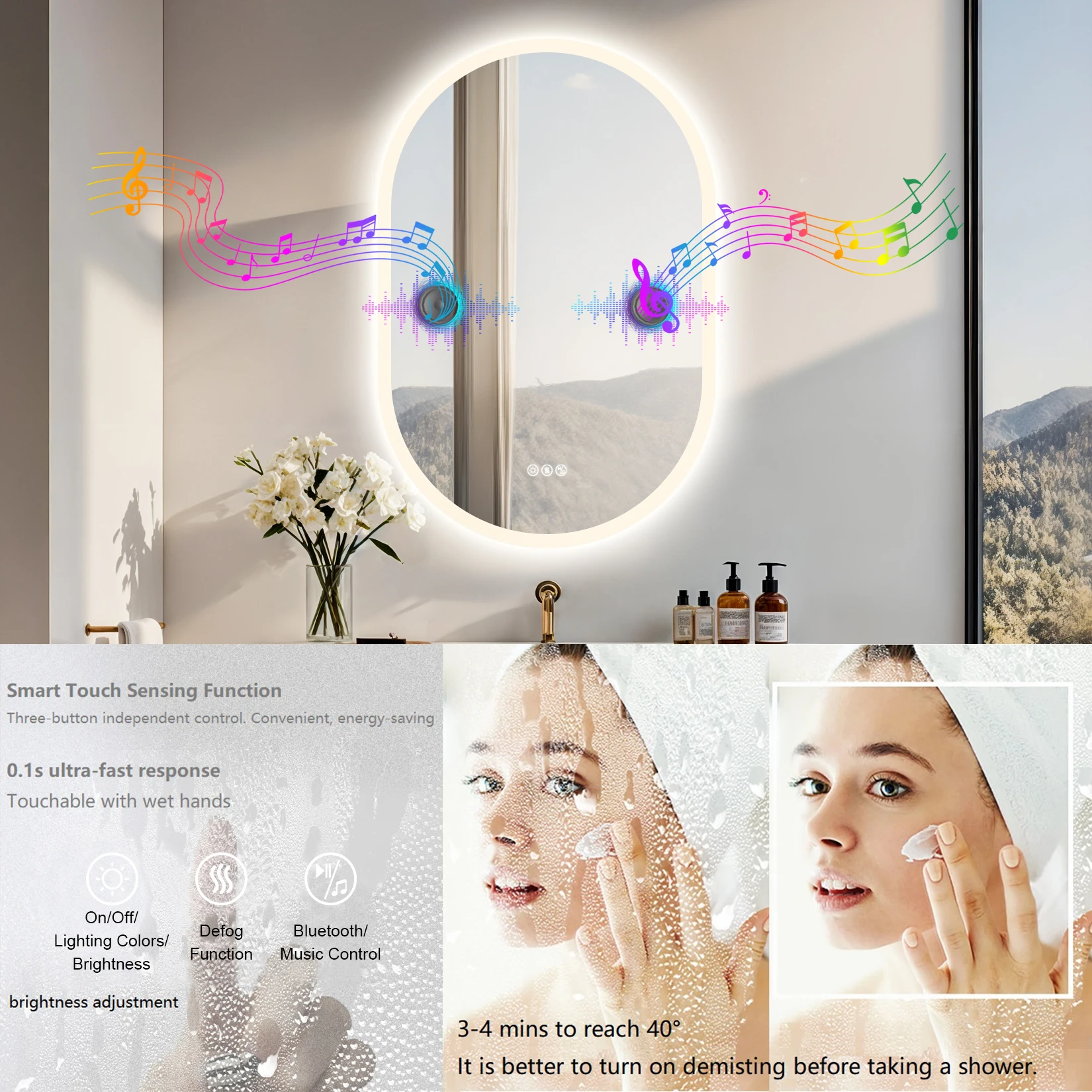 Led Bathroom Mirror 900x600mm Oval Illuminated Wall Vanity Mirror w Bluetooth, 3 Colors Change, Temperature, Defogging Functions
