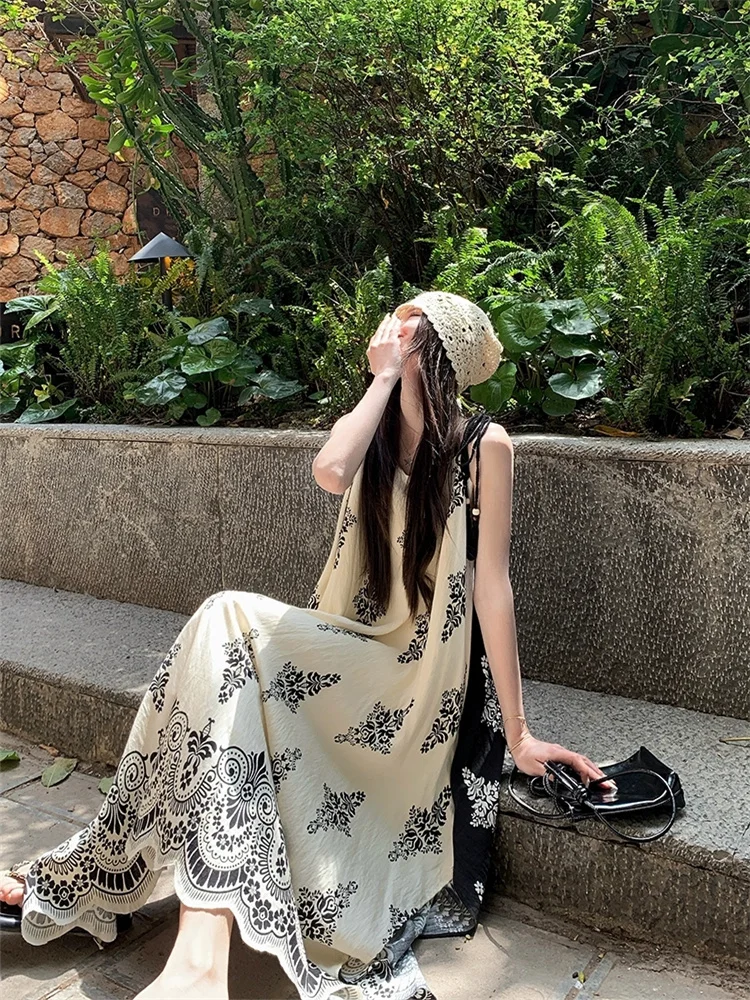 Vakantiestijl Geblokkeerde kleur bedrukte losse jurk 2025, zomer nieuwe dames casual lange onregelmatige jurken, Boho vakantie strandjurken