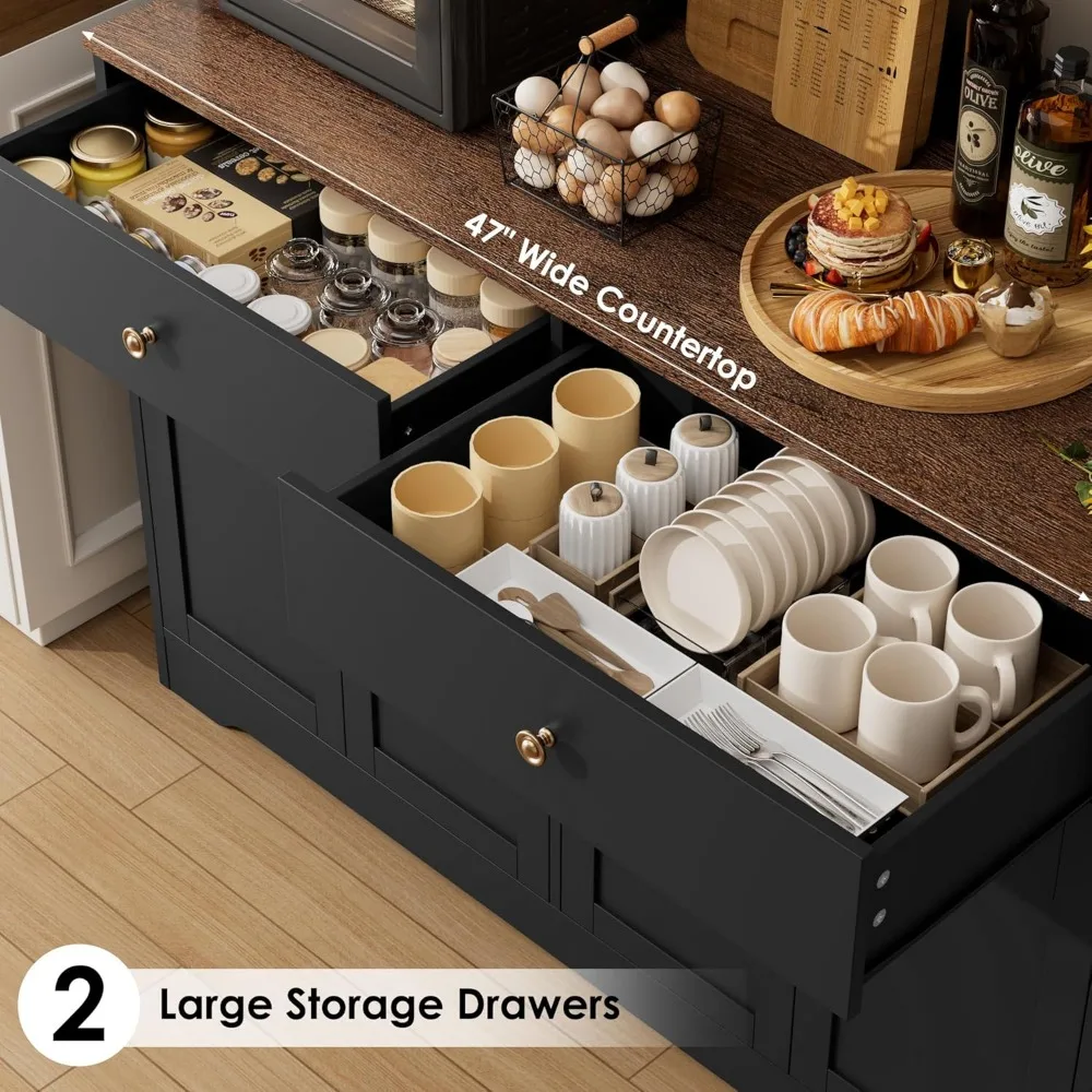 Gabinete de despensa de cocina con iluminación LED grande con toma de corriente, aparador de almacenamiento con puertas y estantes arqueados, 2 cajones para cocina mejorada