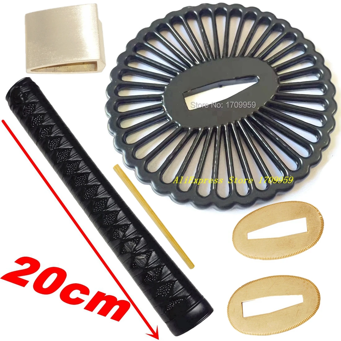 Acessórios de espada japonesa ito tsuka de couro de 20cm para wakizashi katana conjunto liga tsuba menuki fuchi kashira alça habaki seppa