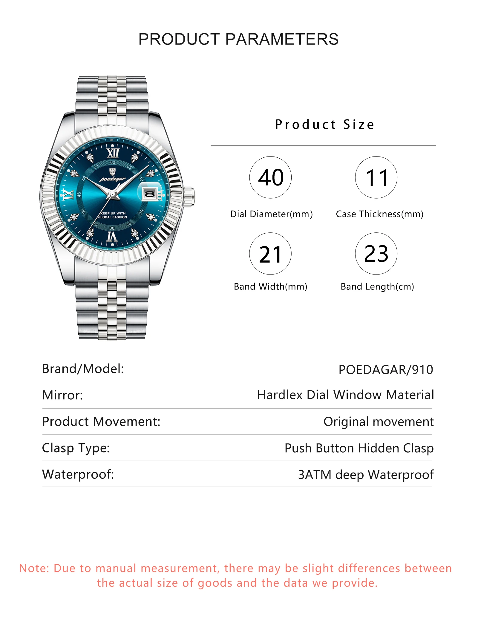 POEDAGAR Original Herren-Armbanduhr Wasserdicht Leuchtend Datum Geschäfts-Männeruhr Edelstahl Quarz Militär-Herrenuhren Reloj – Detail 7