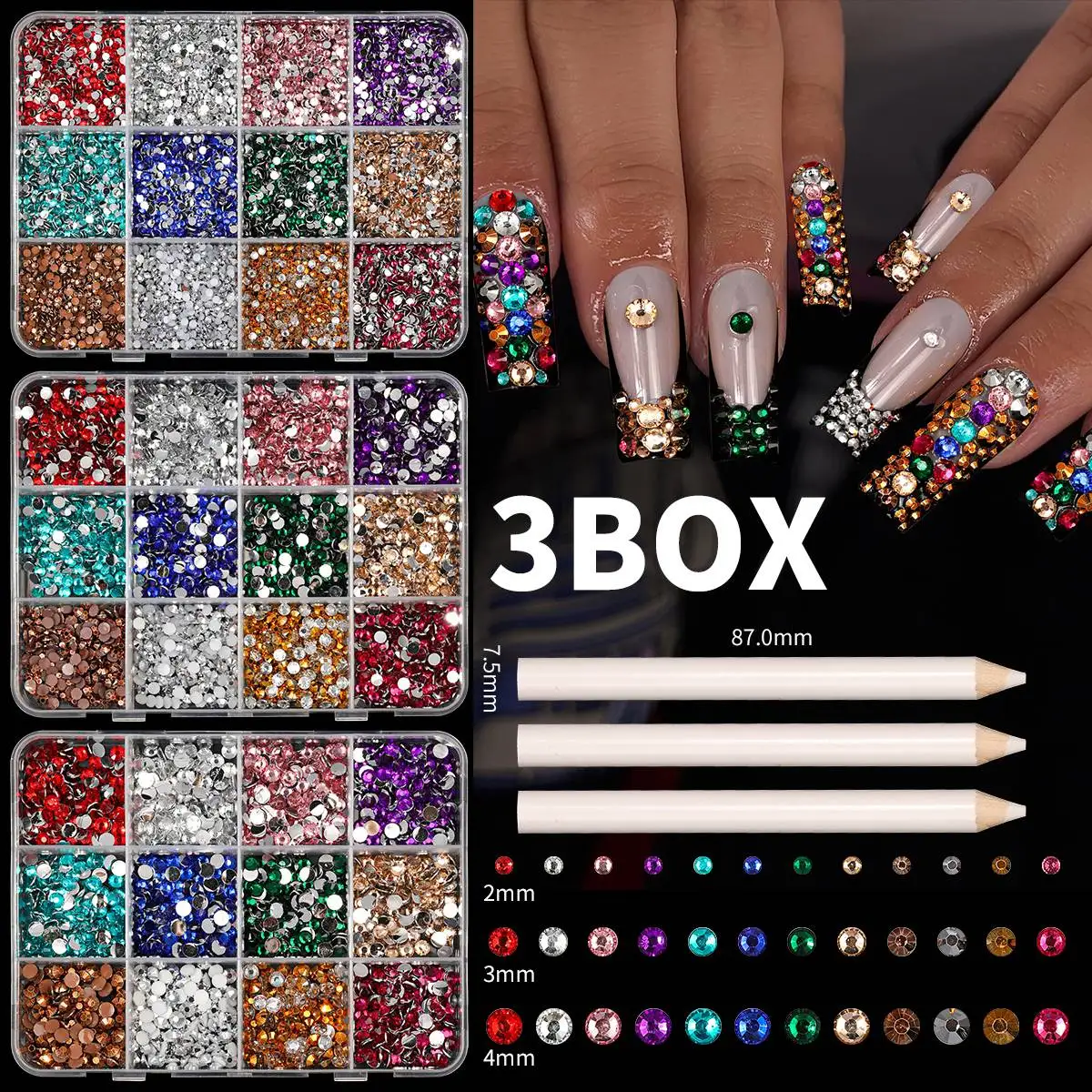 3Box Nail Art Rhinestones 3D Multi-color Flat Brilliant Diamond Nail Jewelry Set DIY Clothes Phone Case Manicure Accessory Tools