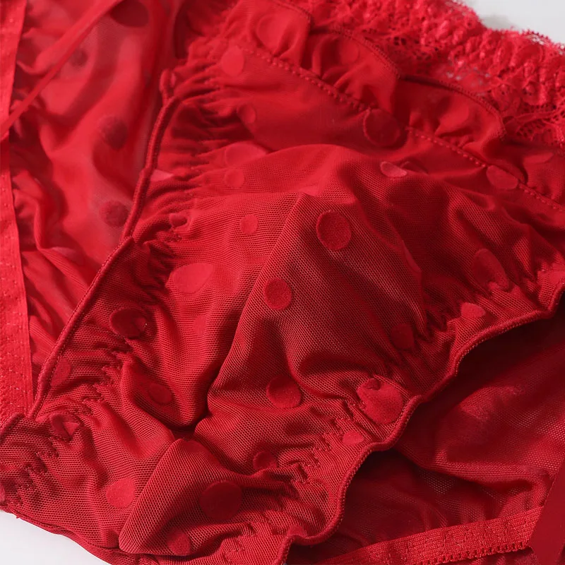Men Sexy Red Lace Side Tie Briefs Ruffled Trim Convex Pouch Low Waist Sheer Sissy Lingerie Soft Comfortable LGBT Underwear