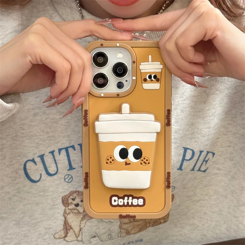 3D Cute Cartoon Bubble Milk Tea Bracket Soft Silicone Phone Case For iPhone 17 Air 16 15 14 13 12 Pro Max Plus Shockproof Cover view 5