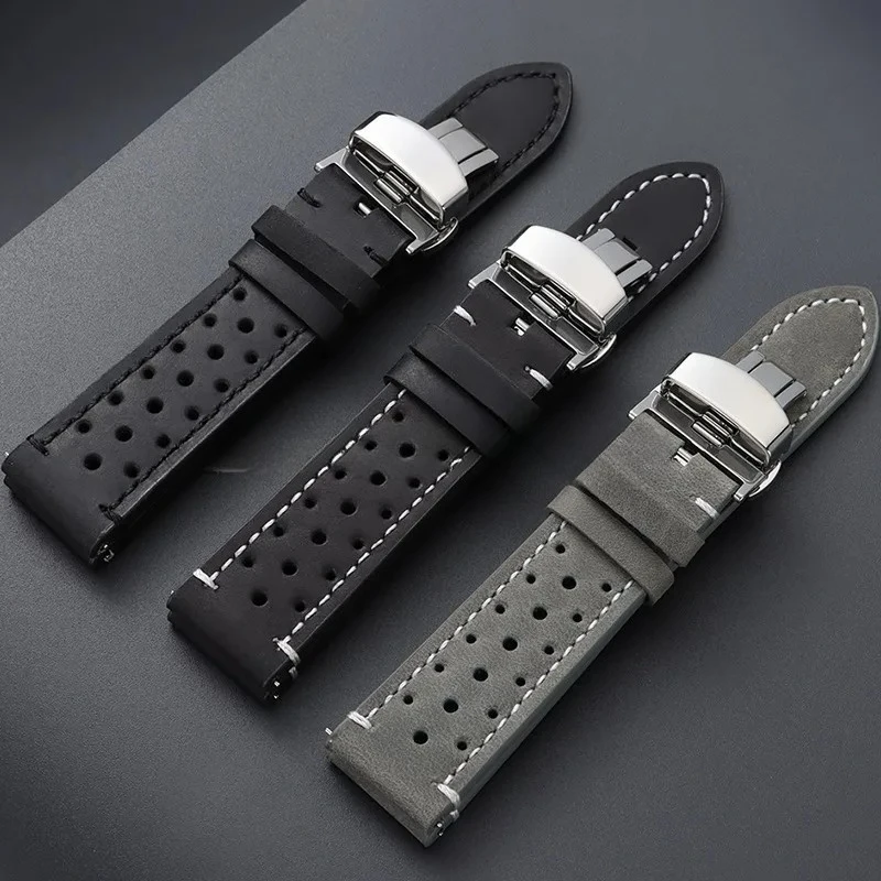 Vintage handgefertigtes Leder-Uhrenarmband, 18/19/20/21/22/24 mm, atmungsaktives Schnellverschluss-Armband, Ersatzarmband mit Schmetterlingsverschluss