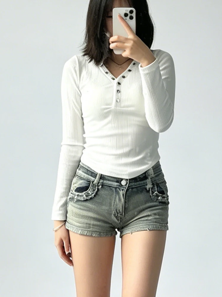Women's Distressed Denim Shorts - Low Waist Studded Hot Pants, Slim Fit Ripped Edge Jean Shorts, Y2K Summer Streetwear
