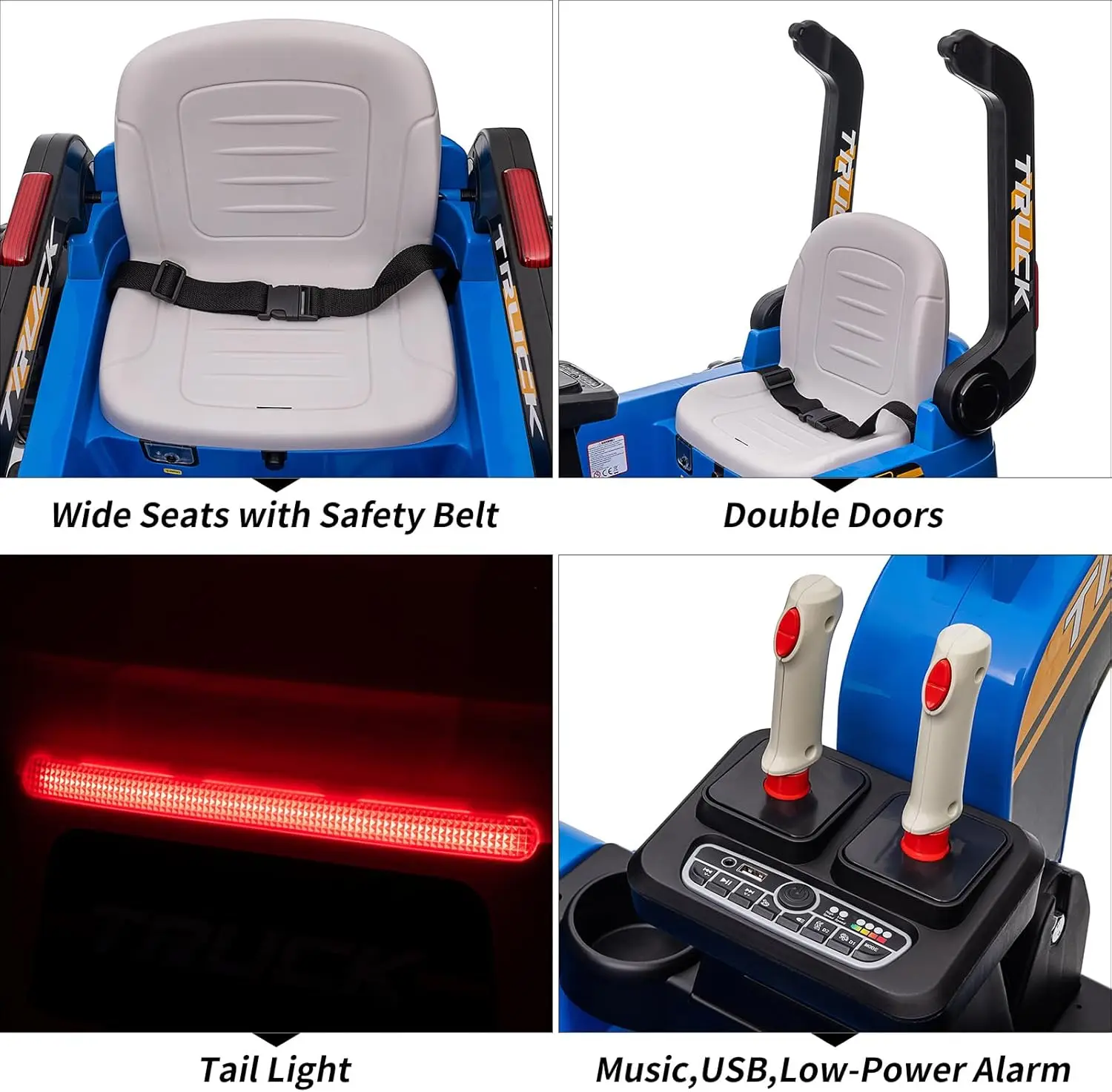 Elektryczny koparka dla dzieci, pojazd do jazdy, akumulator 12V 10Ah, 4 silniki 75W, tylne światła LED, muzyka, prezent dla dzieci w wieku 3+