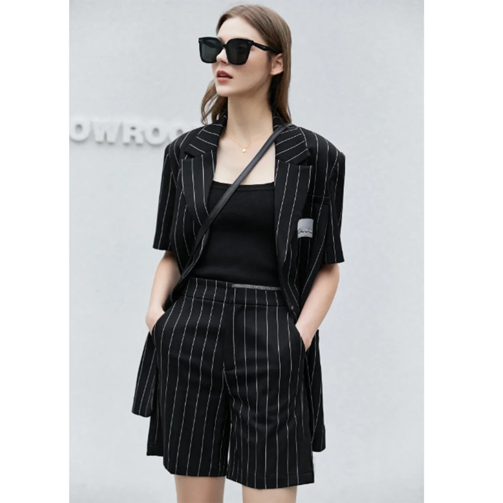 Smart Gray and Black Striped Suit for Women Single Breasted 2 Piece Jacket Short Pants Female Clothing Office Lady Blazer Set