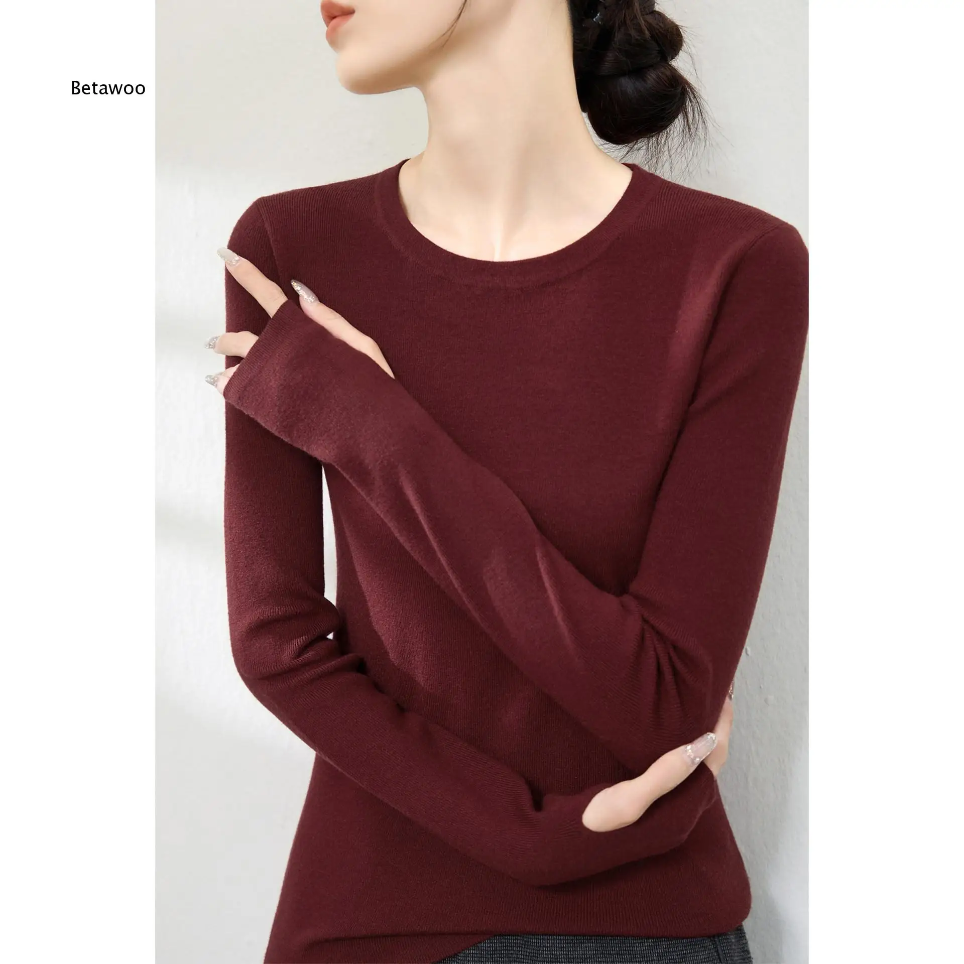 Round Neck Long Sleeve Knit Pullover For Women Solid Color Slim Cut Soft Stretchy Basic Sweater For Spring And Autumn Seasons