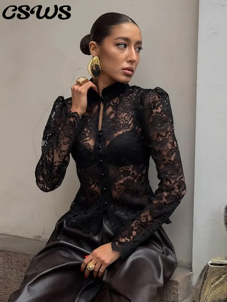 

Сексуальный кружевной прозрачный топ, женская тонкая однобортная однотонная рубашка с длинным рукавом и воротником-стойкой, женская мода 2026, весенние рубашки для женщин