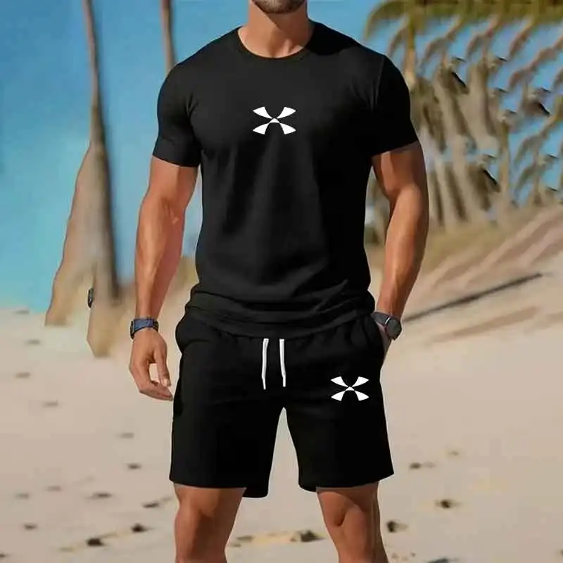 

European size Summer Fashion Trendy Casual Sports Two Piece Set Youth Men's Short sleeved T-shirt+Shorts Set