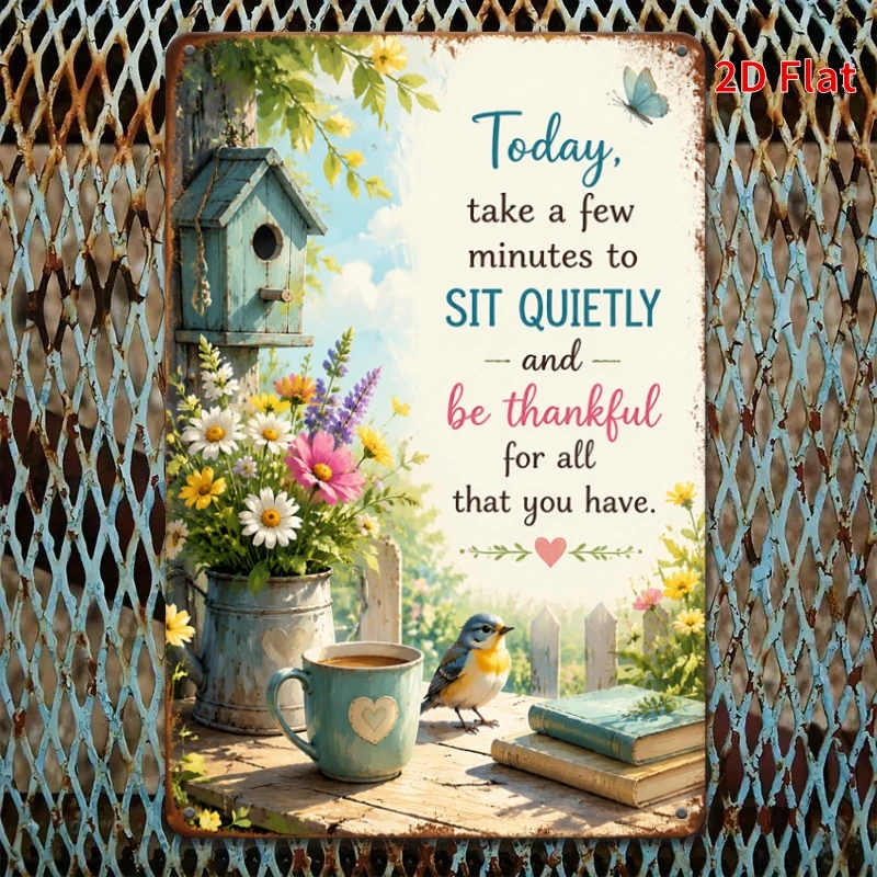 Decorative Sign 2D Flat, [2Dflat], 1pc 11.81X7.87Inch Sit Quietly And Be Thankful Plaque, Inspirational Floral Decorative Sign,
