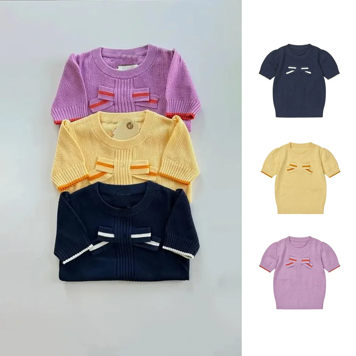

2025 Danish Spring and Summer New Children's Design Sweet Style Knitted Bow Top Girls Go Out Cute Children's Clothing