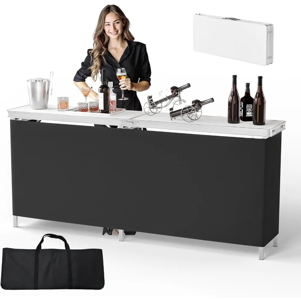 

78" Portable Bar Table, 2-Tier Shelves, Mobile Bar Table for Events, Party, Camping, Picnic, Tradeshow, Indoor with Black Skirt