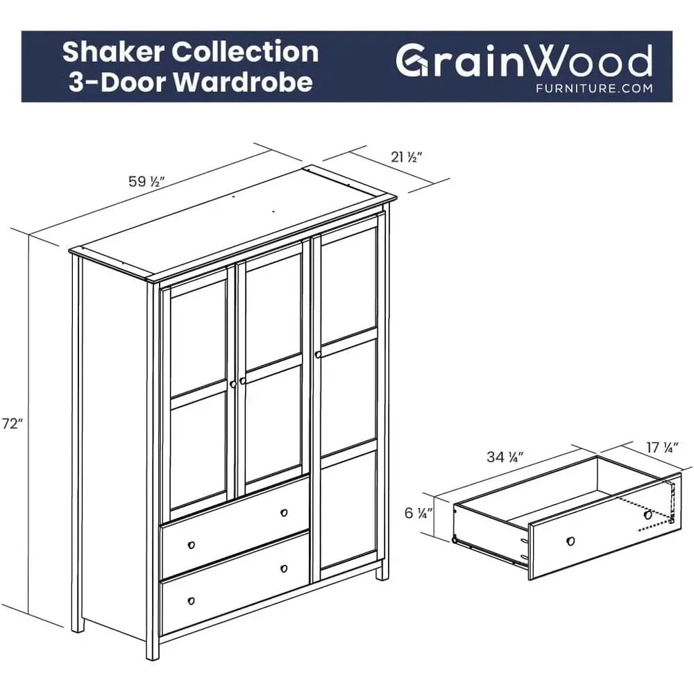 Grain Wood Furniture Shaker 3-Door Wardrobe, Solid Wood with Cherry Finish