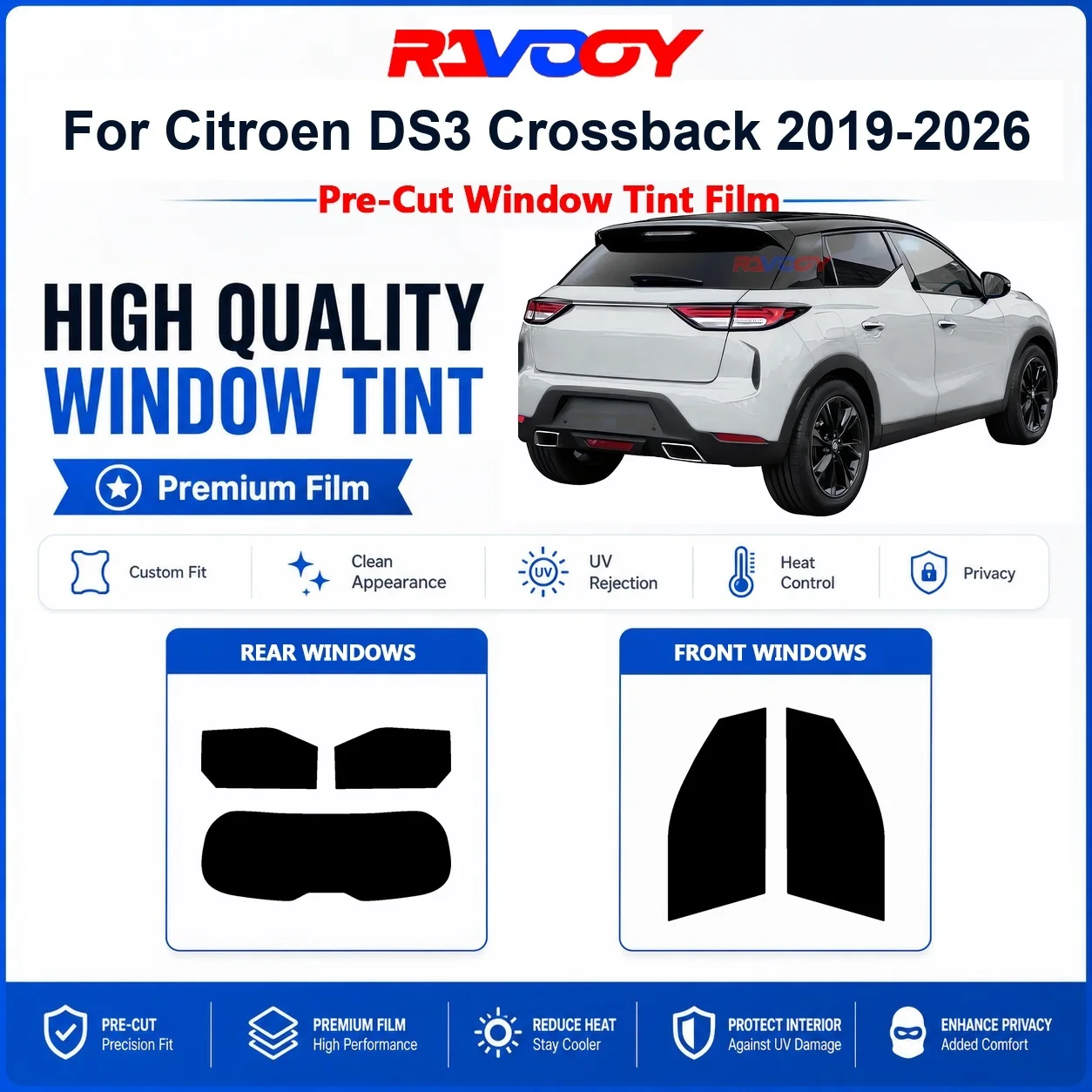 Premium Pre-Cut Window Tint For Citroen DS3 Crossback 2019-2026 Front & Rear Windows UV Heat Rejection Privacy Film