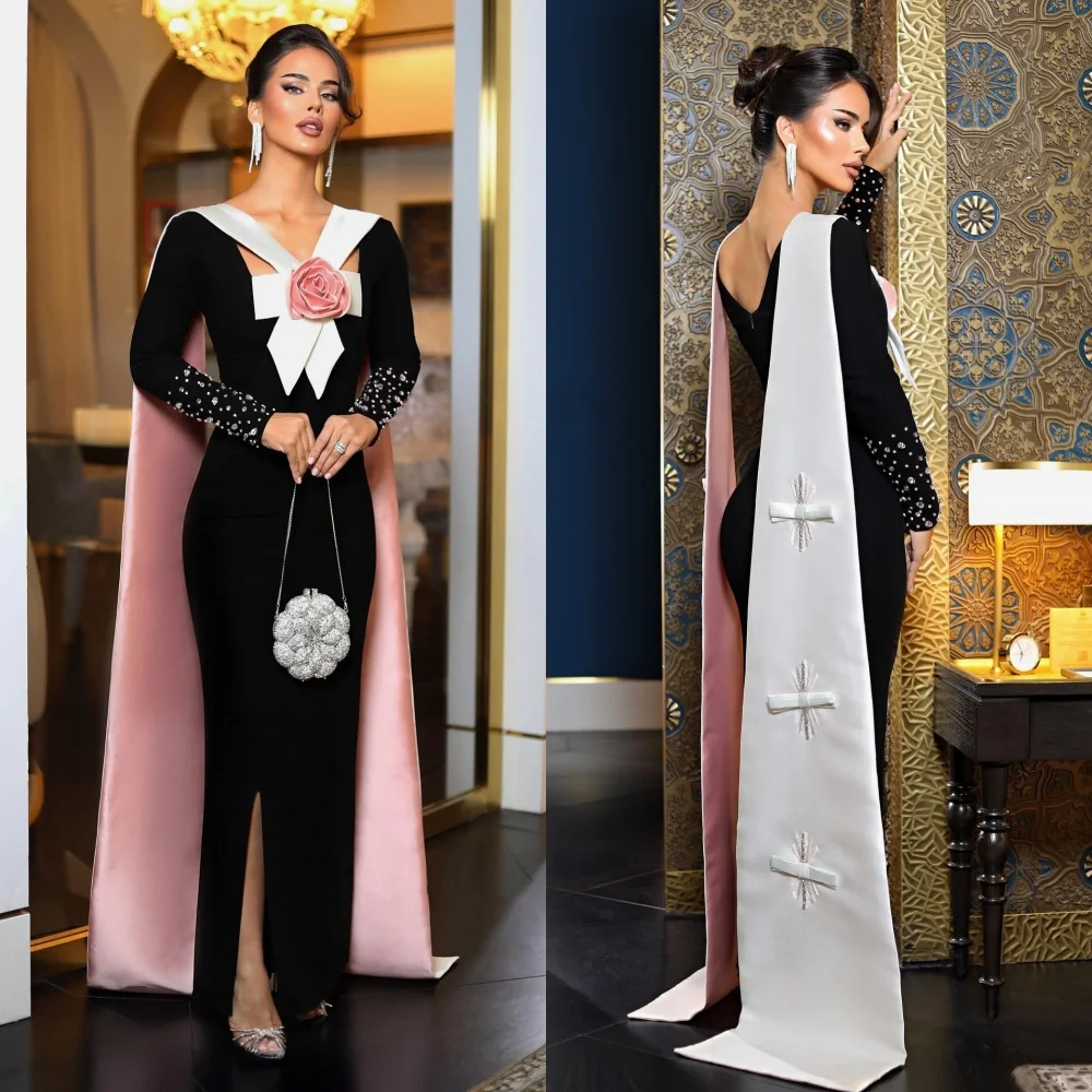 

Customized Exquisite Matching Jersey Handmade Flower Bow Rhinestone Straight V-neck Long Dresses Evening Dresses Exquisite Retro