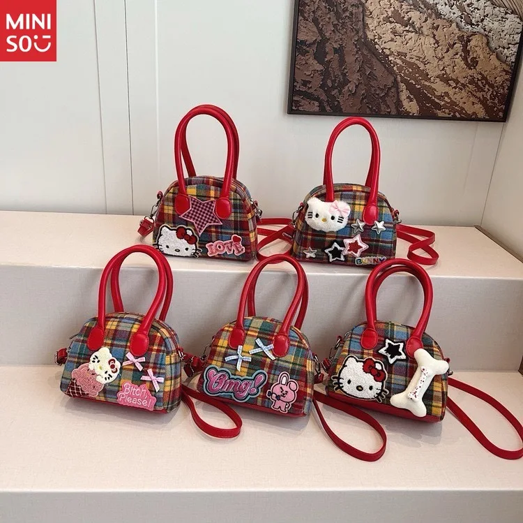Miniso Korean Style Ins Plaid Hello Kitty Handbag, Cute Bow & Star Crossbody Shoulder Bag
