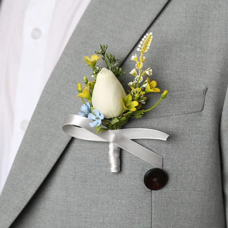 Simulated Flower Corsage Best Man Camellia Daisy Boutonniere White Tulip Rose Silk Flower Brooch Pin Marriage Accessories