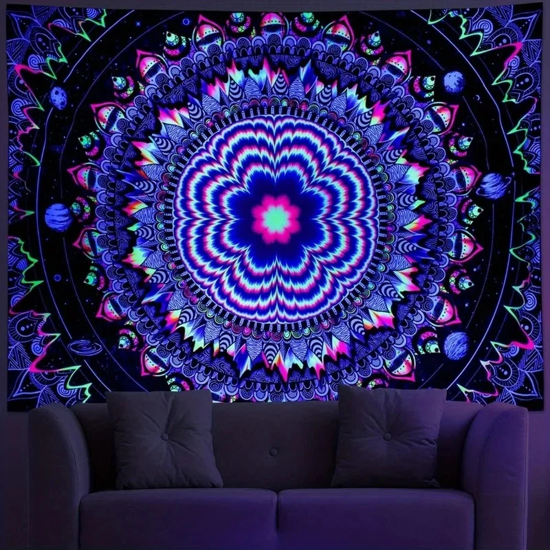 VIKAMA UV Reactive Mandala Wall Tapestry Black Light Fluorescent Colorful Mandala Galaxy Planet Trippy Neon Pattern Wall Hanging
