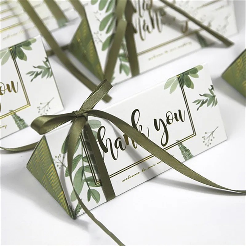 10/20Pcs Green Leaf Triangle Candy Box Wedding Biscuit Favor Gift Packaging Box With Ribbon Engagement Birthday Party Decoration