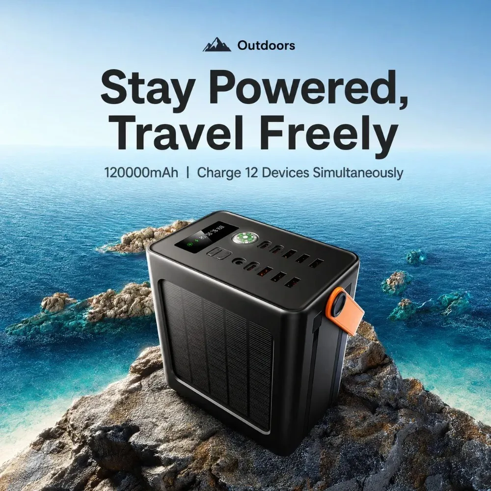 120000mAh Portable Power Station Solar Power Bank Built-in Cable LED Light External Battery for Outdoor Camping Travel Emergency view 4