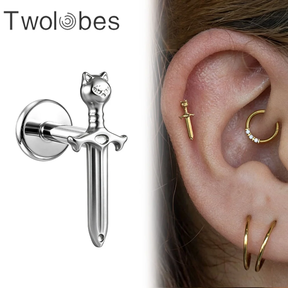 Twolobes 1PC ASTM F136 Titanium Cat Sword Flat Back Studs Internal Thread Labret  Helix Cartilage Piercing Body Jewelry