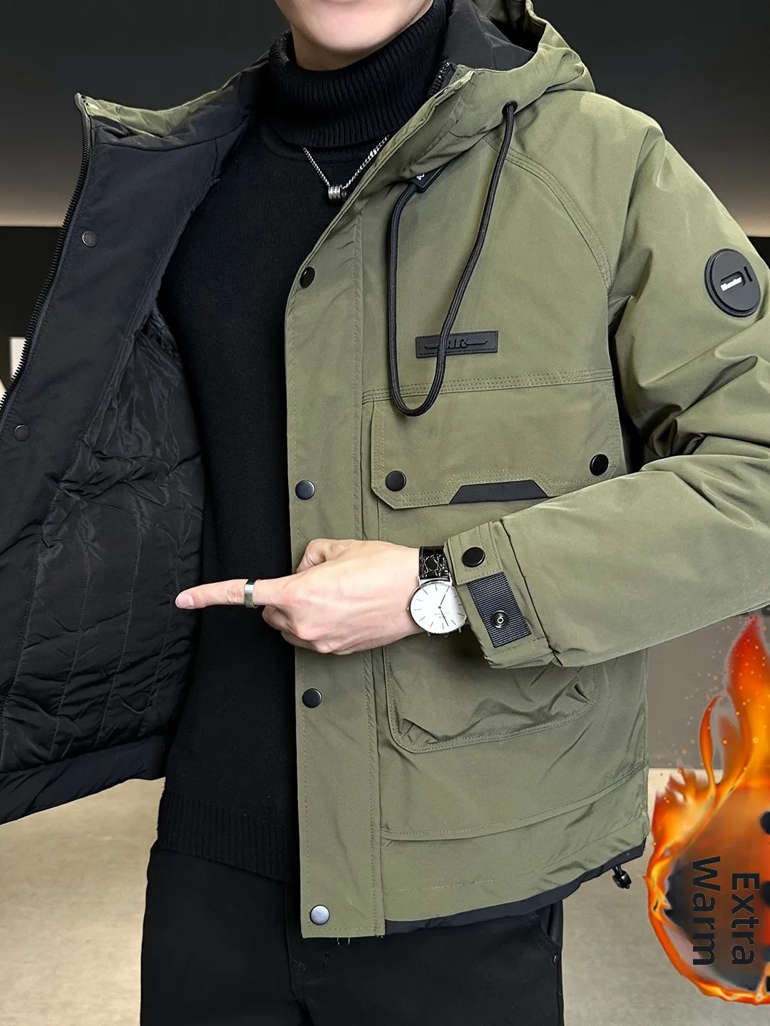 

Thiened Cotton Jaet for Men with Hood Multi kets Warm Winter Outerwear Sli Trendy een Color Workwear Sle Coat