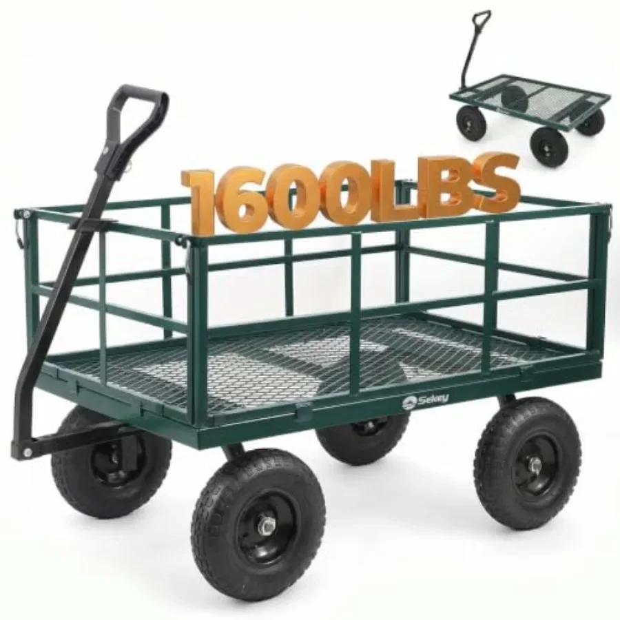 Garden cart for outdoor use, steel construction, black finish, 12 cu ft capacity and 1600 lb load rating with towable handle