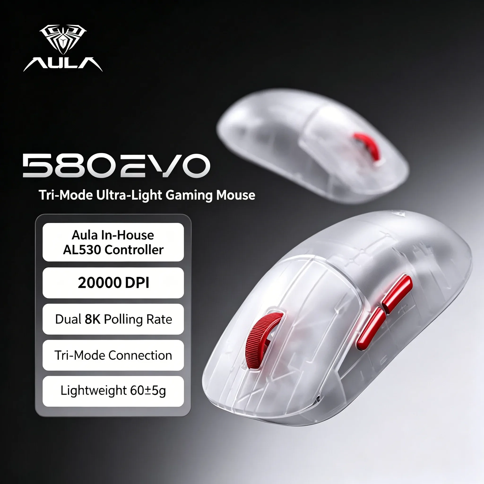 AULA SC580 EVO 3-Mode Wireless Gaming Mouse Dual 8K 20000DPI 500IPS AL530 Sensor 60g Lightweight Ergonomic for PC Laptop Esports