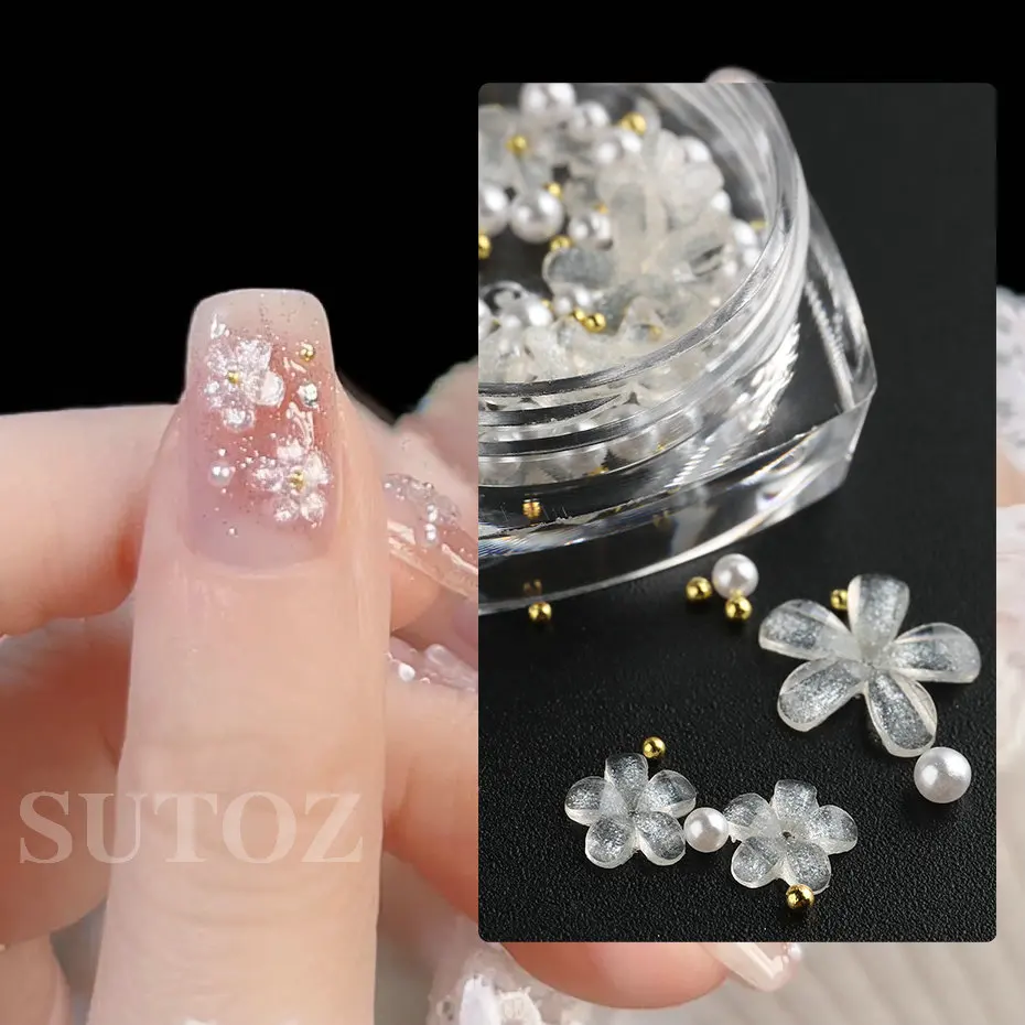 Glitter Camellia Nail Decoration Pentapetal Flower White Pink Yellow Floral Ornament Pearls INS Japanese Style Nails Supply #SFH