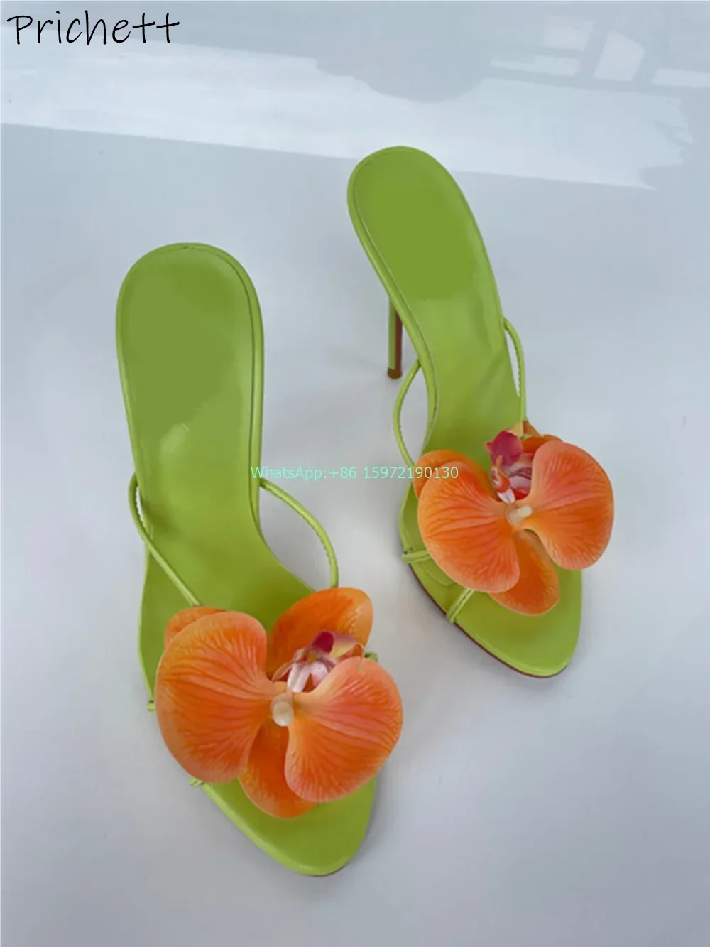 Zapatillas de color verde y naranja con orquídeas, tacones altos con flores, banda estrecha, encantadores zapatos con talón descubierto para exteriores, zapatos de tacón de aguja de lujo para mujer