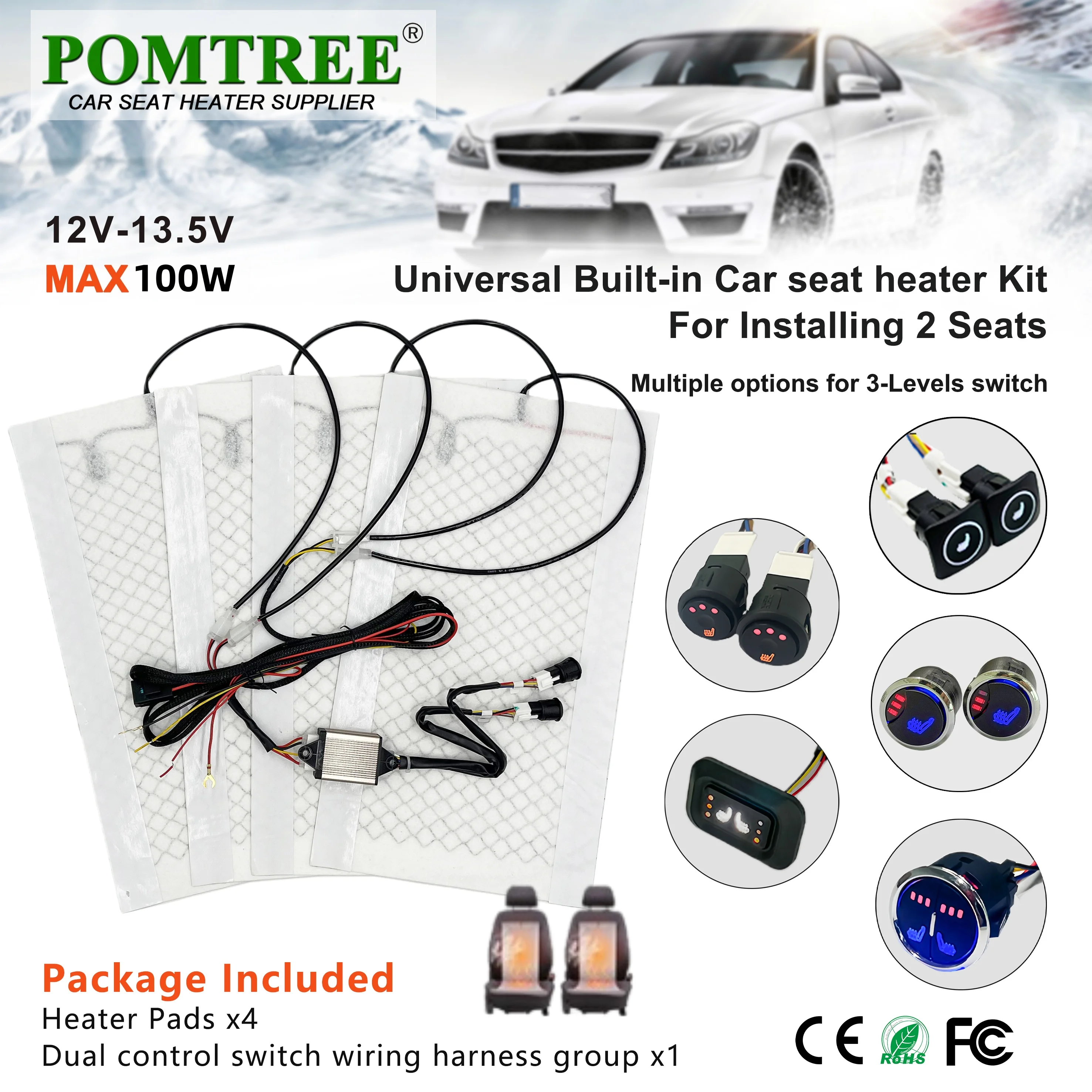 Built-in Car Seat Heater Kit Fit 2 Seats,MAX 100W Carbon Fiber Heating Pads 3 Levels Control Switch System 50℃ High Temperature