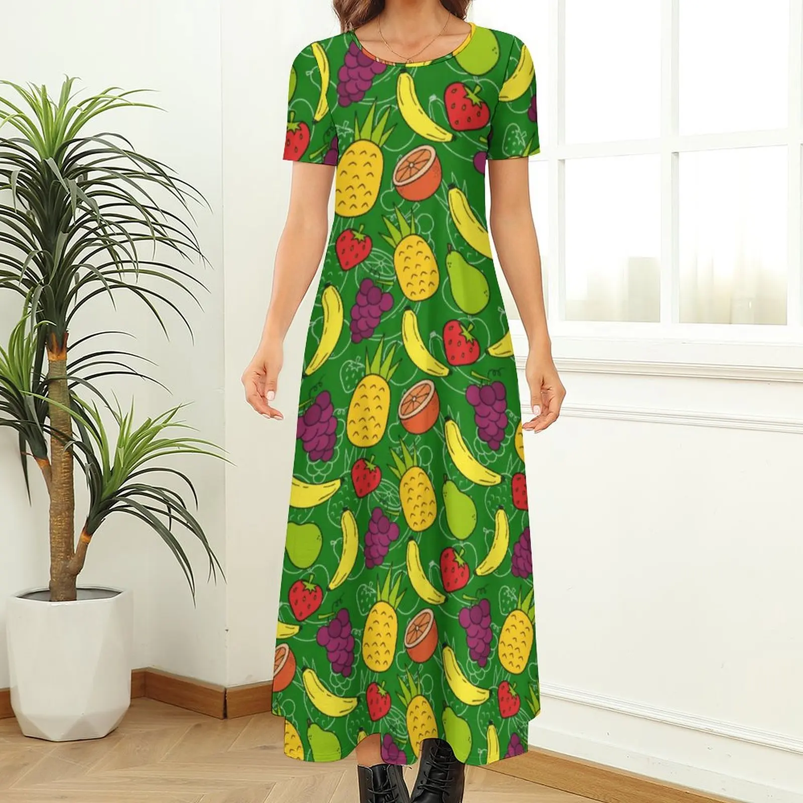 Cartoon Fruit Dress Banana And Lemon Vintage Maxi Dress Short Sleeve Streetwear Boho Beach Long Dresses Female Oversized Vestido