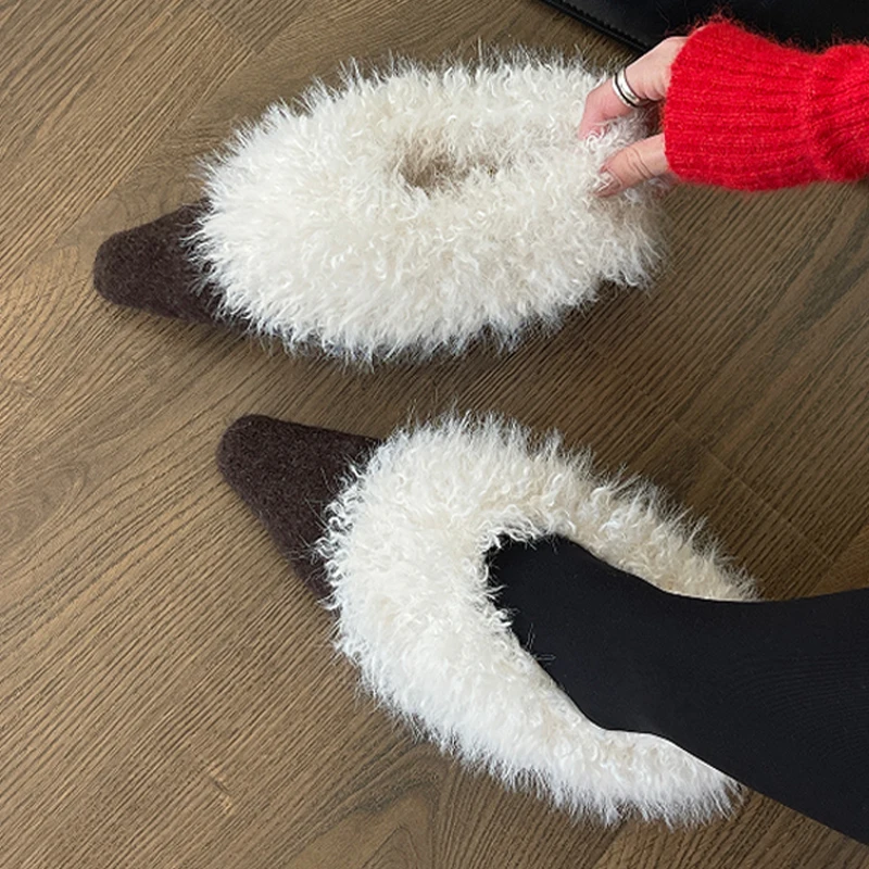 

Fur Flats Women's Boots Suede Pointed Toe Shoes Fashion Dress Winter Boots 2025 Shallow Short Plush Cotton Botas Mujer Zapatos