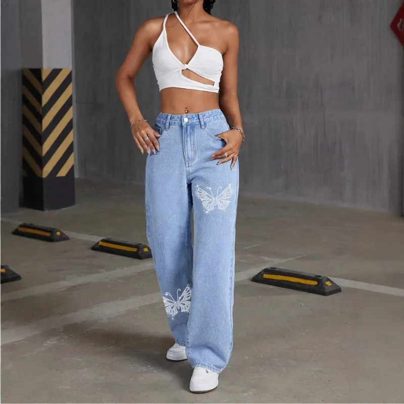 Jeans for Women Butterfly Embellished Slim Straight High Waist Denim Pants Fashionable New 2025 Spring Autumn Long Trousers