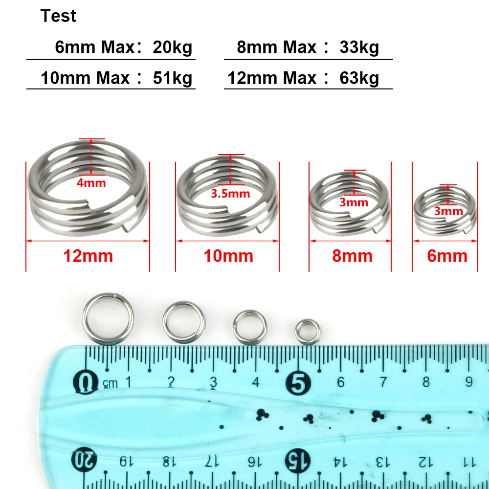 FTK 100Pcs Fishing Split Rings 6-12MM Crank Hard Bait Snap Silver Stainless Steel Double Loop Split Open Carp Fishing Lure Pesca