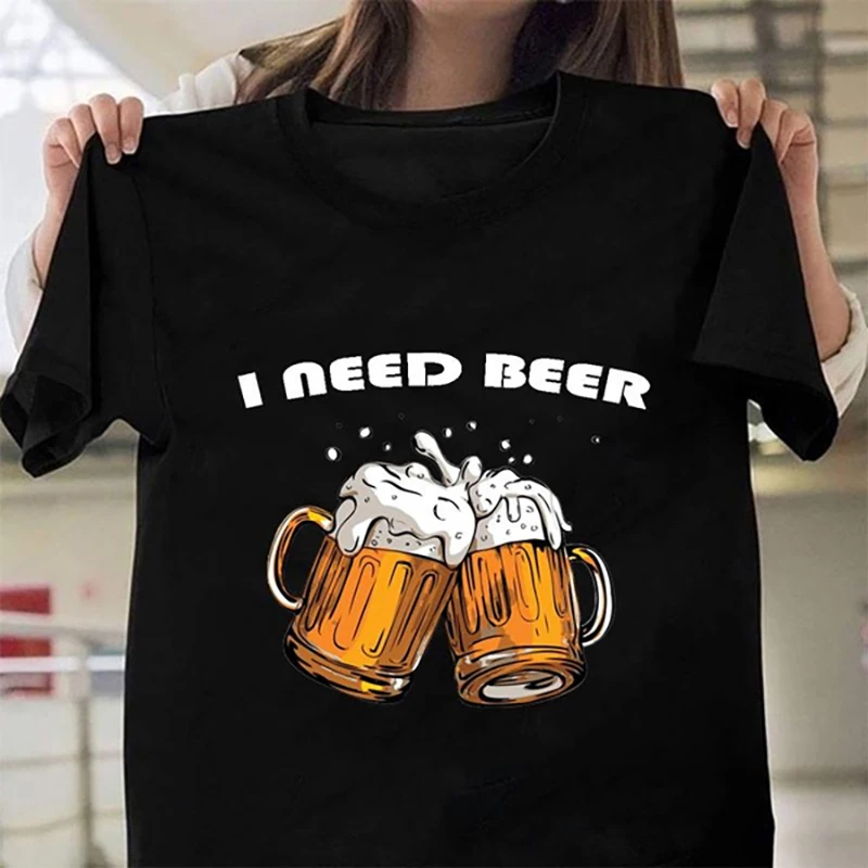 

New Retro Tops Cute I Need Beer Printed T-Shirt Fashion Men's and Women's Summer Printed Round Neck Clothing Short Sleeve Loose