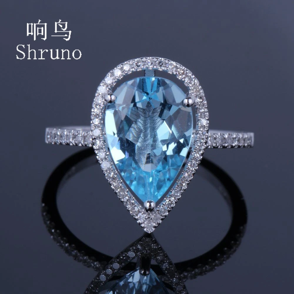 Shruno Solid 14k White Gold Diamonds Halo Engagement Ring Pear 8x12mm Genuine Blue Topaz Gemstone Ring Women Exquisite Jewelry