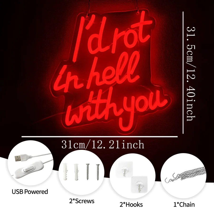I'D Rot In Hell With You Neon Sign For Wall Decor,Light Up Sign For Bedroom,Game Room Decor,Man Cave,Bar,Valentine'S Day Gift
