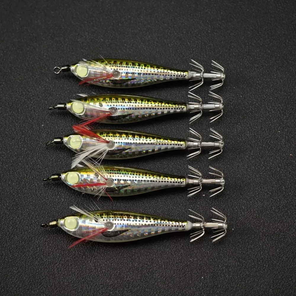 5pcs 8cm Horizontal Squid Jig Luminous Fising Wood Shrimp Bait Octopus Fishing Lure Sea Fishing Lure Egi Set