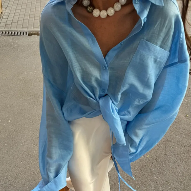 Talenza Jesienne Bluzki Damskie Modne Kołnierzyk Klasyczny Jednolite Kolory Luźny Krój Prześwitujący Kardigan Nowe Modne Koszule Damskie Do Pracy