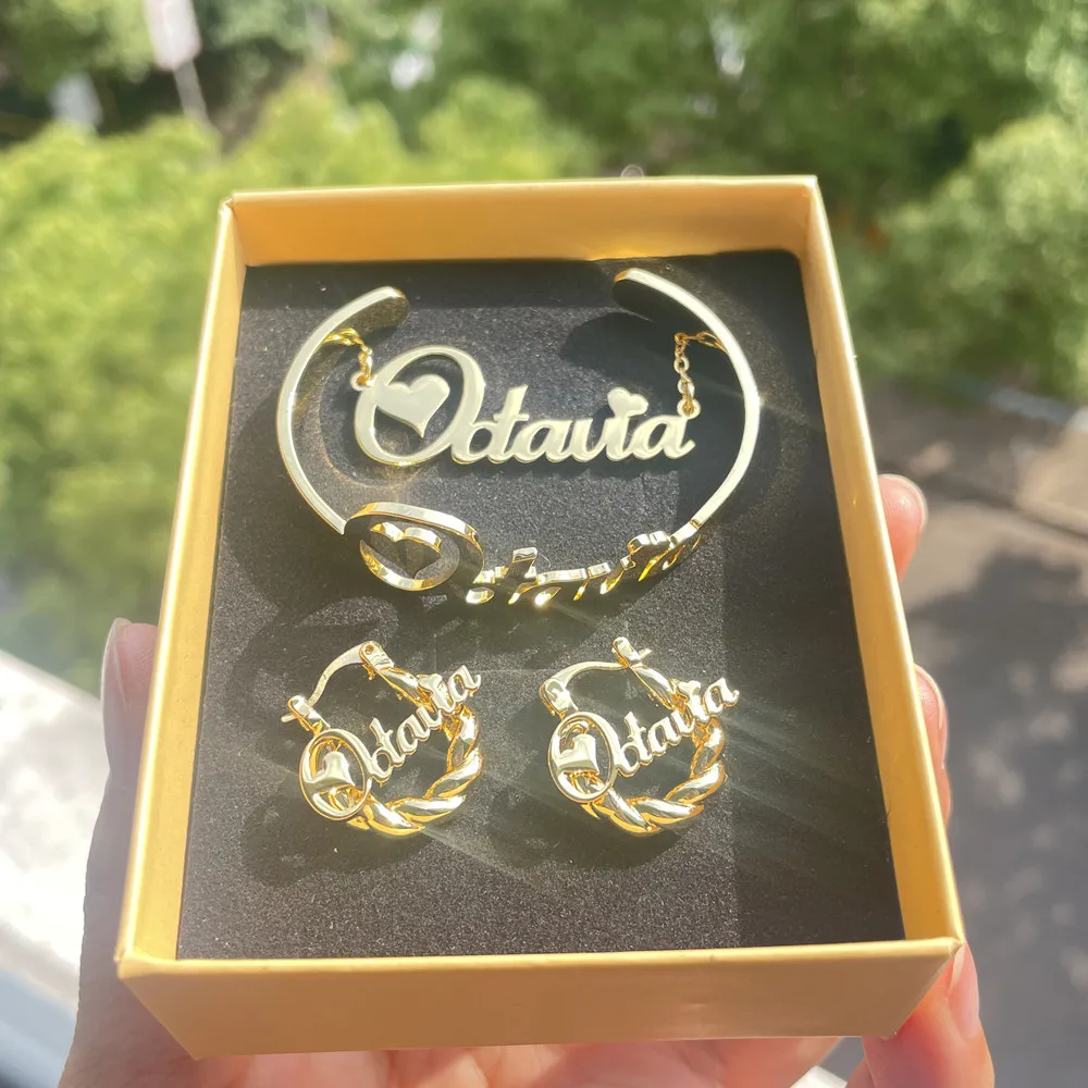 Lulu's Children Custom Name Jewelry Set Personalized Nameplate Pendant Stainless Steel 18mm Hoop Earrings Necklace Bangle Girl