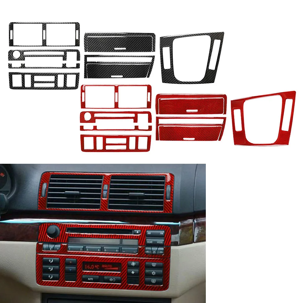 9 Pcs RHD Car Interior Central Console Cover Decorative Trim For BMW E46 3Series 1998-2005 Carbon Fiber Pattern Black/Red