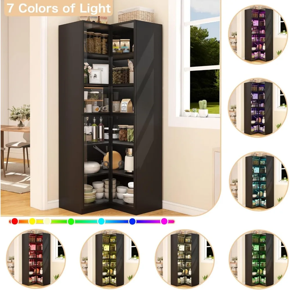 خزانة كتب زاوية كبيرة على شكل حرف L مع أبواب زجاجية، وخزانة عرض وإضاءة طويلة، وحل تخزين من 6 طبقات