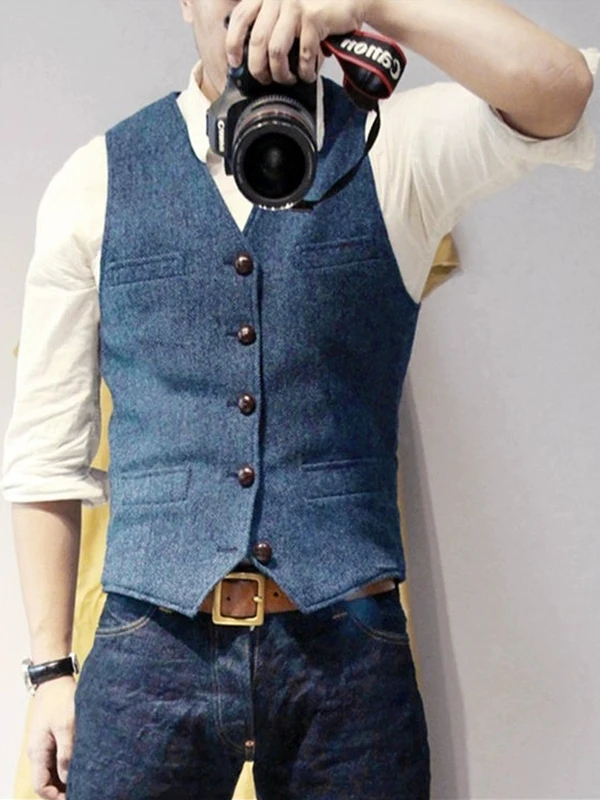 Casual Tweed Men's Vest Autumn Winter Large Size Woolen Waistcoat Faion Urban Sle Button Decorated ort Length V-Ne