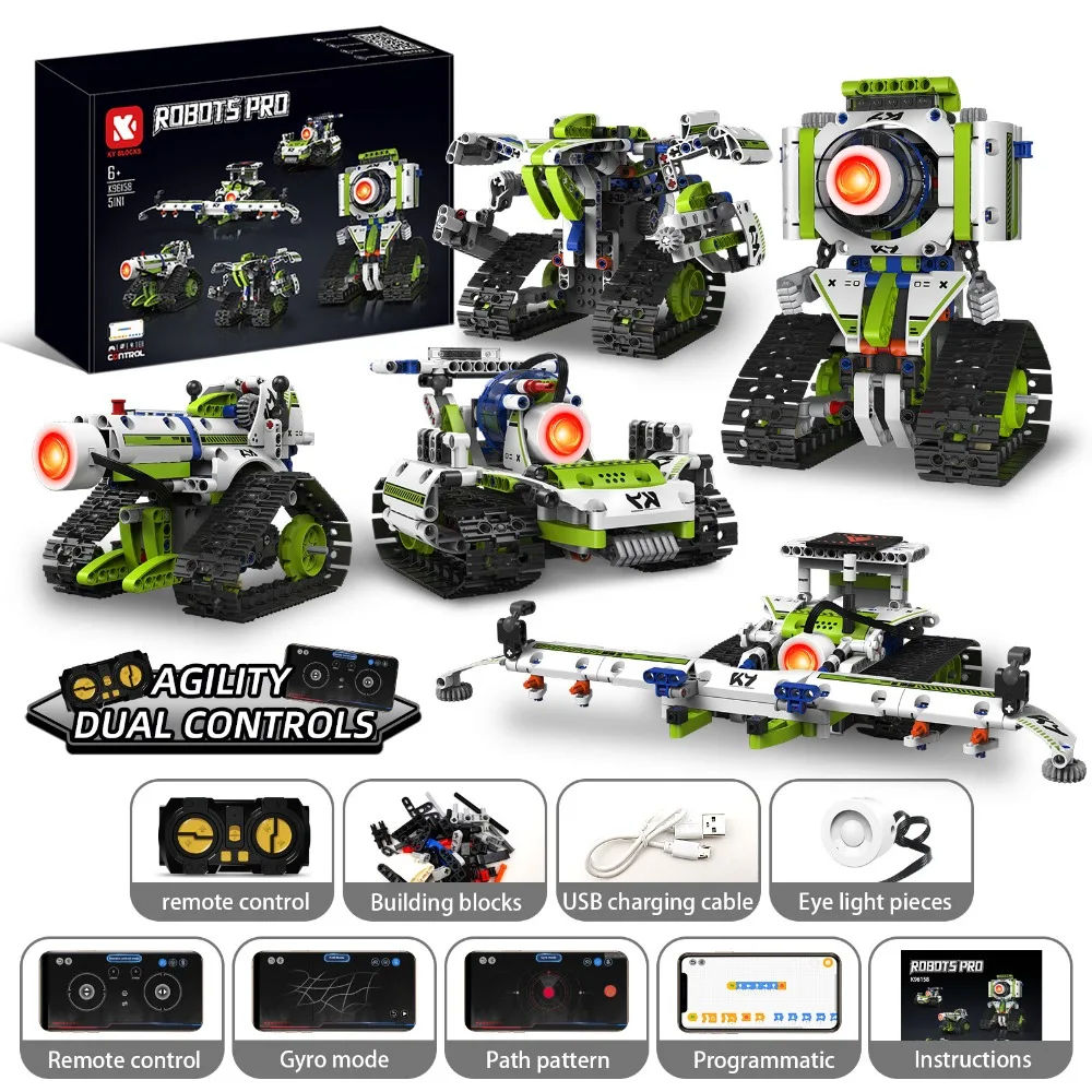 K96158 337PCS 5-in-1 Electric Remote Control Programmable Robot Building Blocks STEM Educational Coding Toy with Digital Display